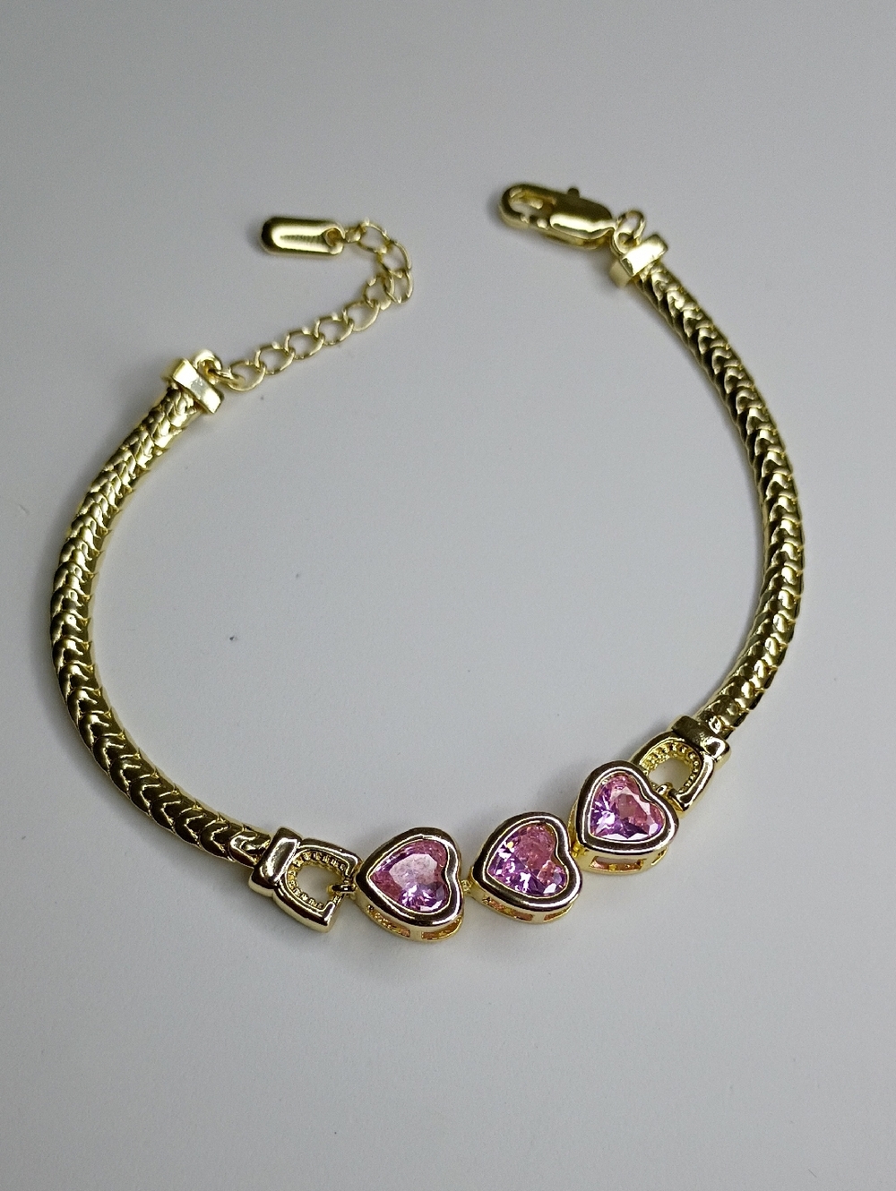 New Gold Plated Bracelet with Pink Heart Stones 🚨